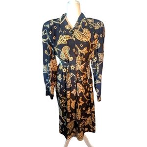 vtg 100% Silk Dress Black/ Gold Paisley Scroll self Belt Button Front Dress Sz 4